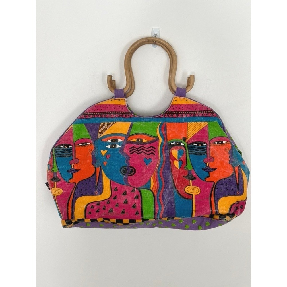 Vtg Laurel Burch Abstract Faces Canvas Tote Large Wood Curved Handles Artwear